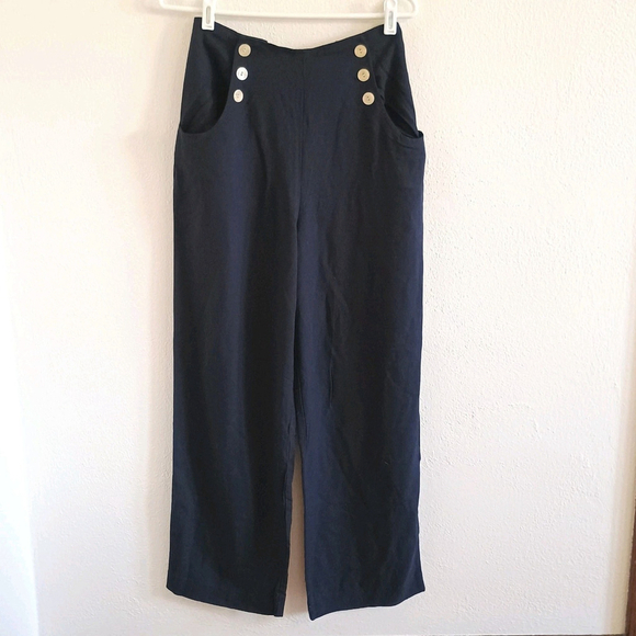 Express Pants - Vtg Compagne Internationale Express Navy Wide Leg Pants High Waist Button Front